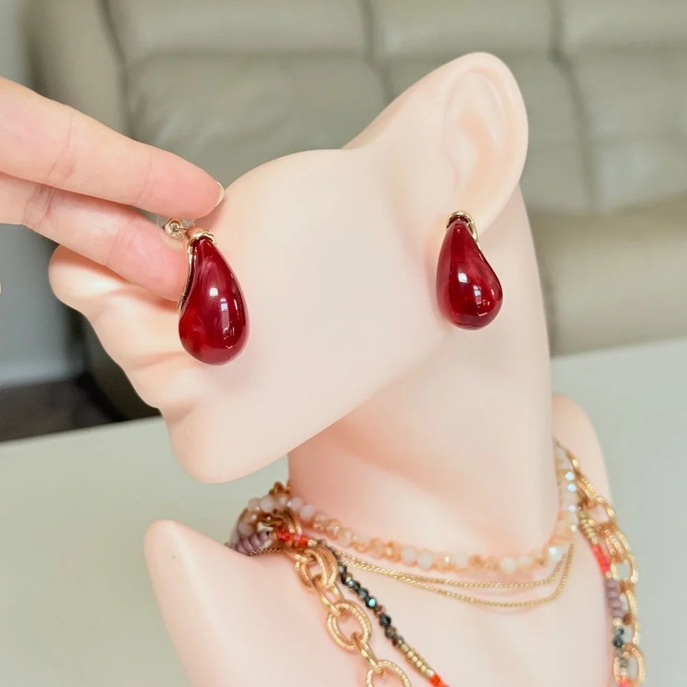 Gold Red Teardrop Drop Earrings - Women Jewelry